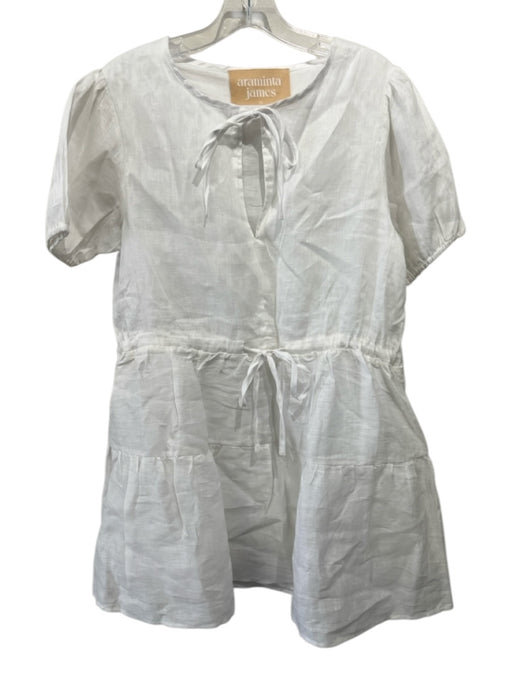 Araminta James Size XS White Linen Short Sleeve Puff Sleeve Neck Tie Dress White / XS
