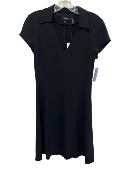 Theory Size 2 Black Acetate Blend Cap Sleeve Collared V Neck Paneled Dress Black / 2