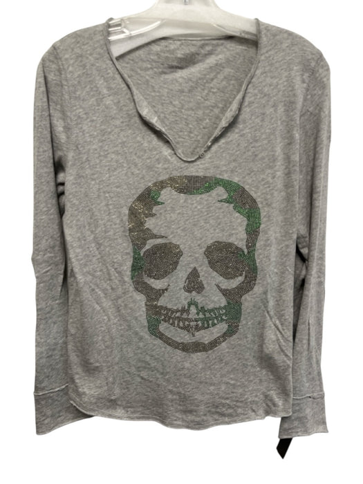 Zadig & Voltaire Size Small gray & green Cotton Long Sleeve Skull Rhinestone Top gray & green / Small
