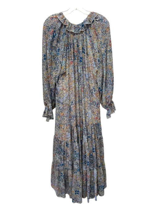 Free People Size S Blue Print Polyester Floral Ruffle Neckline Tiered Maxi Dress Blue Print / S