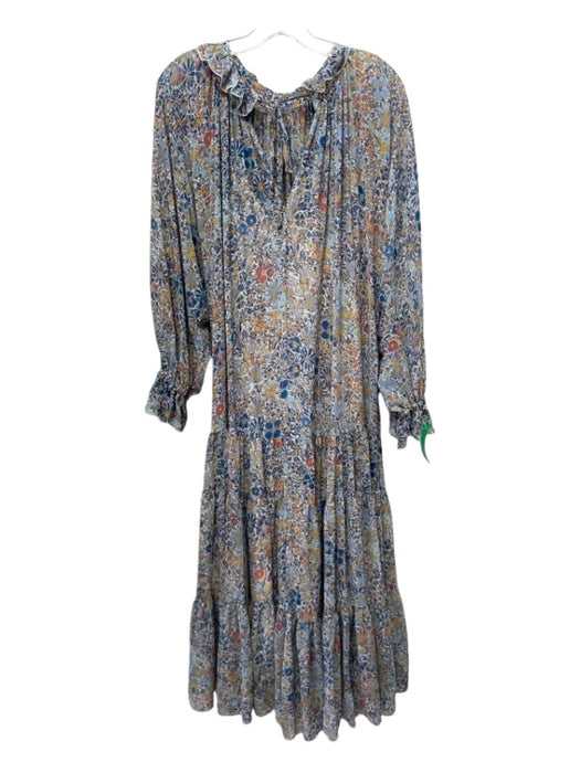 Free People Size S Blue Print Polyester Floral Ruffle Neckline Tiered Maxi Dress Blue Print / S