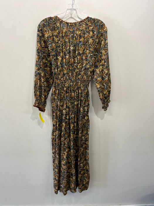 Doen Size S Navy & Multi Cotton Floral Tie Neck Long Sleeve Maxi Dress