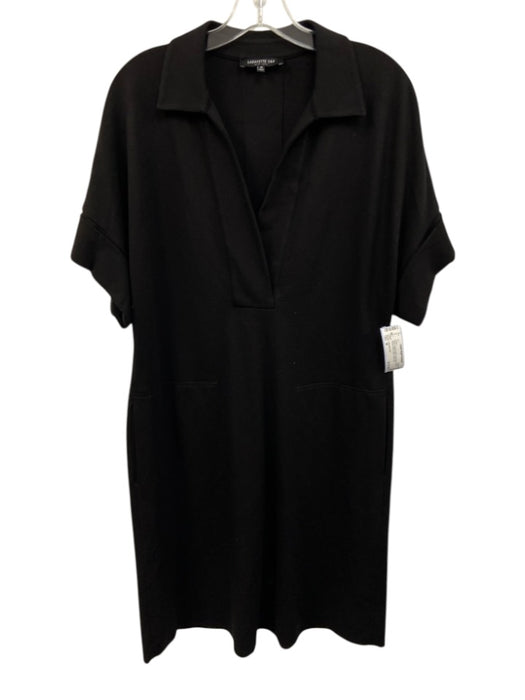 Lafayette 148 Size M Black Viscose Blend Split Neck Short Sleeve Midi Dress Black / M
