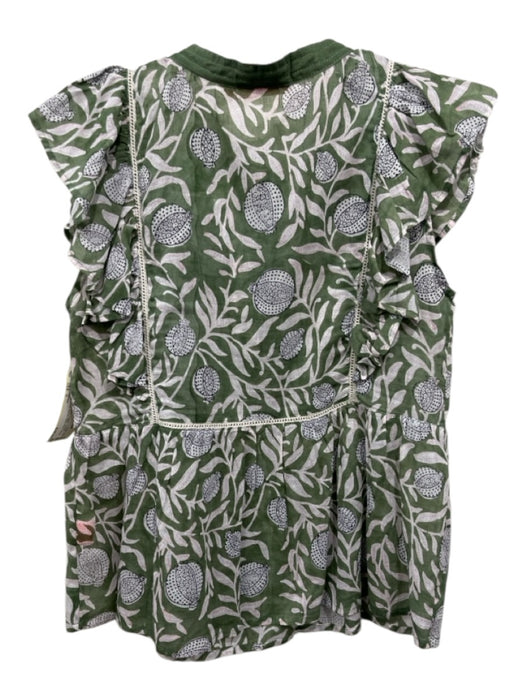 Oliphant Size S Green & White Print Cotton Tassel Abstract Cap Sleeve Top Green & White Print / S