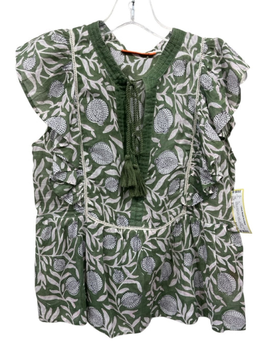 Oliphant Size S Green & White Print Cotton Tassel Abstract Cap Sleeve Top Green & White Print / S