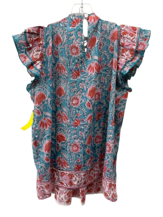 Sal Rosa Size L Blue & Pink Cotton Abstract Floral Pintuck Cap Sleeve Top Blue & Pink / L