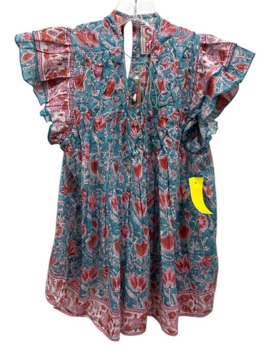 Sal Rosa Size L Blue & Pink Cotton Abstract Floral Pintuck Cap Sleeve Top Blue & Pink / L