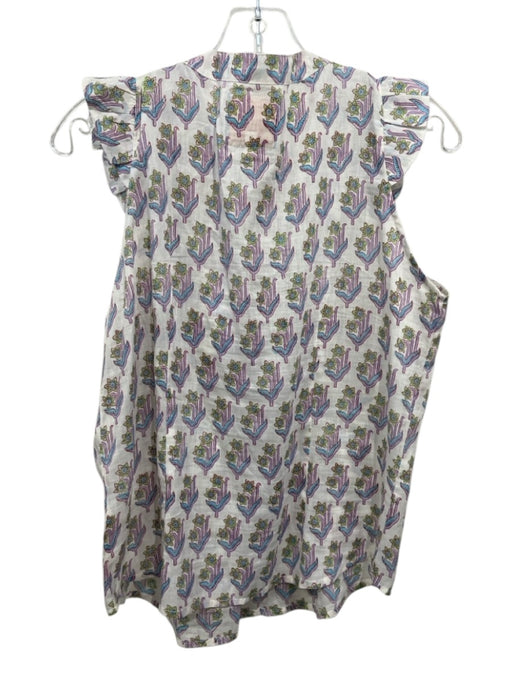 Bell Size M White, Blue, Purple Cotton V Neck Floral Abstract Tassel Top White, Blue, Purple / M