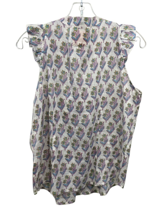 Bell Size M White, Blue, Purple Cotton V Neck Floral Abstract Tassel Top White, Blue, Purple / M