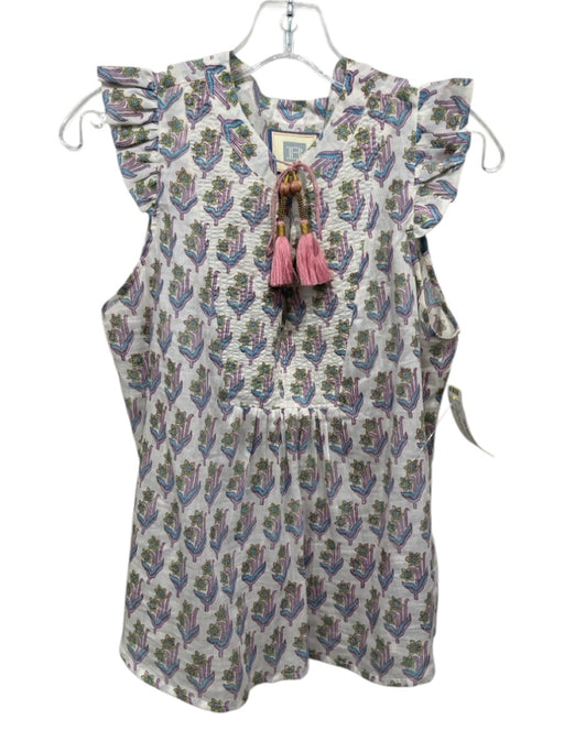 Bell Size M White, Blue, Purple Cotton V Neck Floral Abstract Tassel Top White, Blue, Purple / M