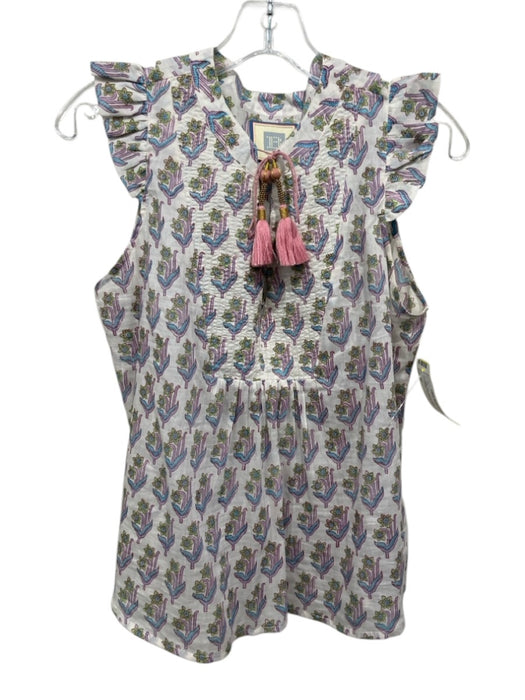 Bell Size M White, Blue, Purple Cotton V Neck Floral Abstract Tassel Top White, Blue, Purple / M