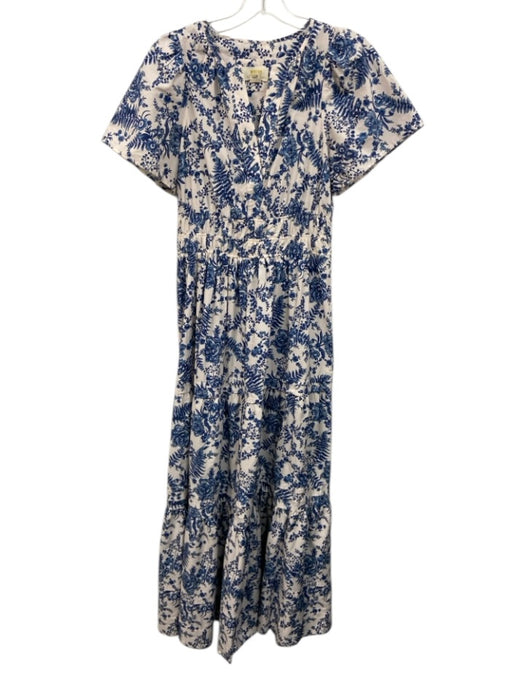 Maeve Size S Blue & White Cotton Botanical Short Sleeve Maxi Dress Blue & White / S