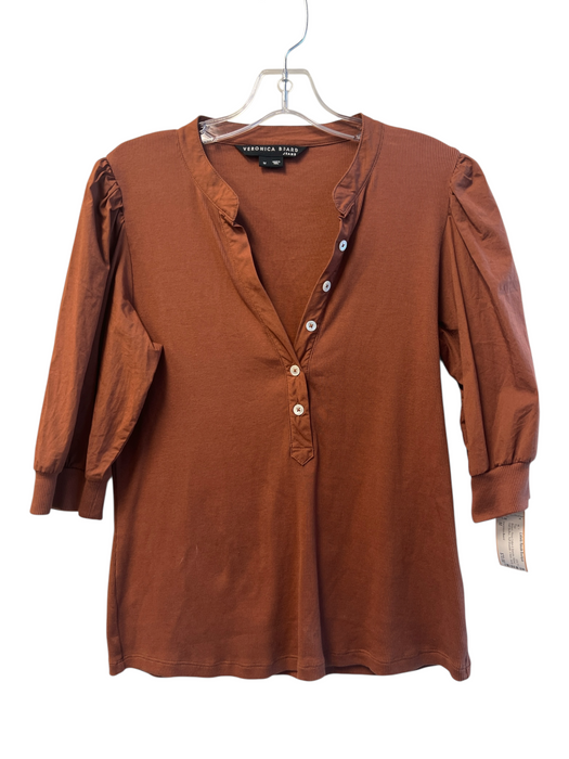 Veronica Beard Size M Brown Pima Cotton & Spandex Ribbed Half Button V Neck Top Brown / M