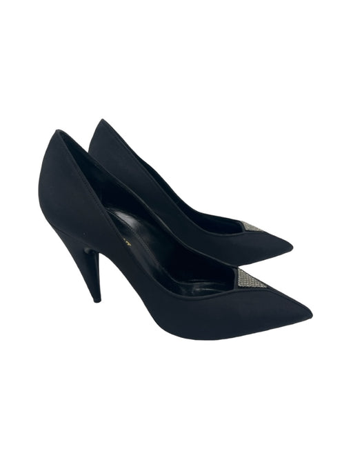 Saint Laurent Shoe Size 38.5 Black Satin Pointed Toe Embellished Pumps Black / 38.5