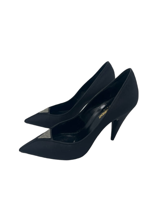 Saint Laurent Shoe Size 38.5 Black Satin Pointed Toe Embellished Pumps Black / 38.5