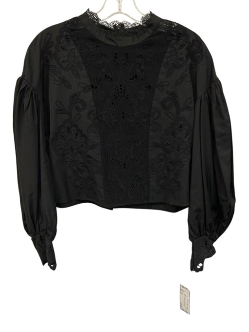 Zara Size M Black Polyester Embroidered Puff Sleeves Button Back Top Black / M