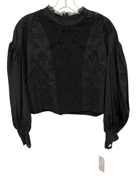 Zara Size M Black Polyester Embroidered Puff Sleeves Button Back Top Black / M