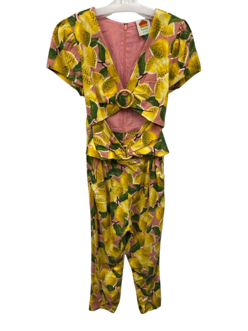 Farm Rio Size S Yellow Multi Linen Blend Zip Back Cut Out Lemon Print Jumpsuit Yellow Multi / S