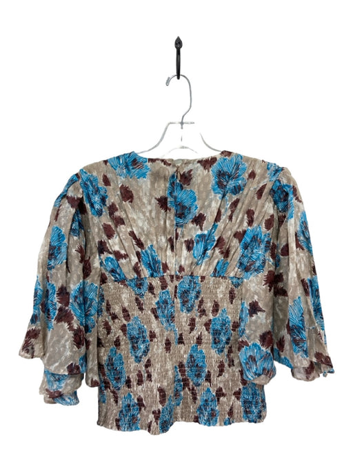 Joie Size 4 Beige Blue Brown Silk Long Flare Sleeve Abstract Floral Pleated Top Beige Blue Brown / 4