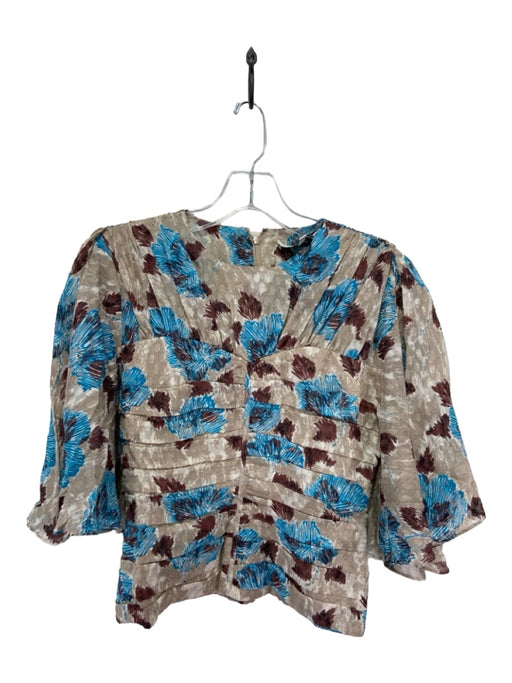 Joie Size 4 Beige Blue Brown Silk Long Flare Sleeve Abstract Floral Pleated Top Beige Blue Brown / 4