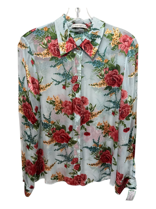 Alice & Olivia Size M Blue, Pink, Green Viscose Blend Collar Floral Applique Top Blue, Pink, Green / M