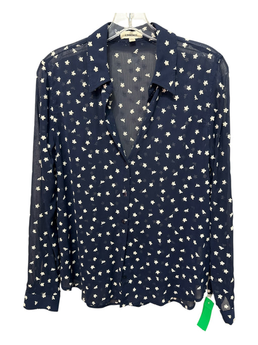 L'agence Size S Navy Blue & White Polyester Collar Embroidered Flowers Top Navy Blue & White / S