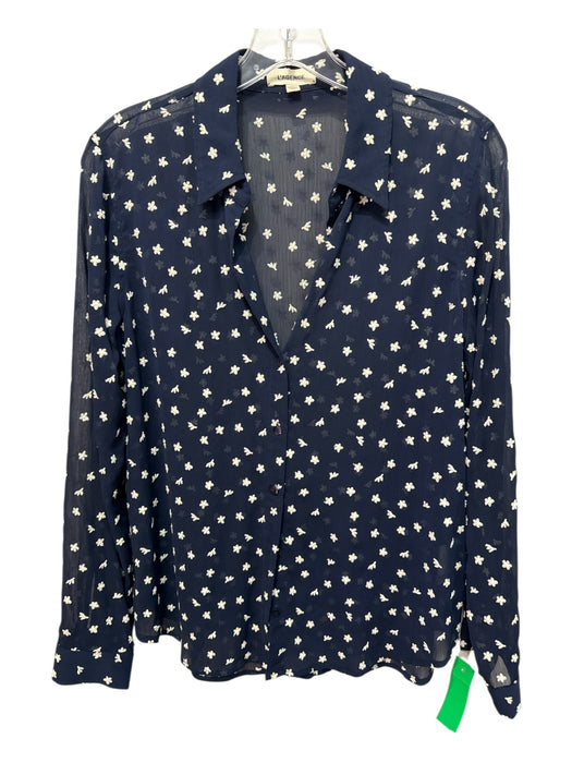 L'agence Size S Navy Blue & White Polyester Collar Embroidered Flowers Top Navy Blue & White / S