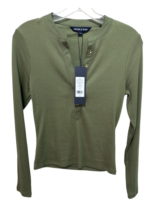 Veronica Beard Size S Army Green Pima Cotton Half Button Ribbed Long Sleeve Top Army Green / S