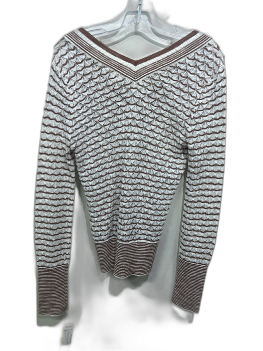 Veronica Beard Size S White & Brown Cotton Long Sleeve Knit V Neck Stripe Top White & Brown / S