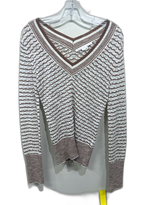 Veronica Beard Size S White & Brown Cotton Long Sleeve Knit V Neck Stripe Top White & Brown / S