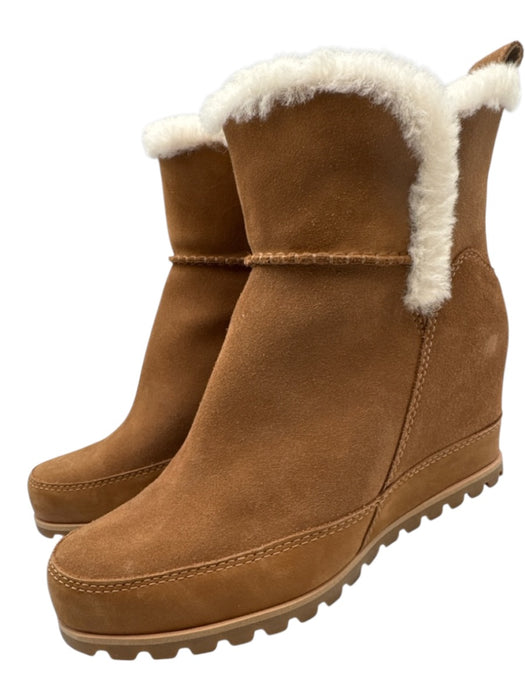 Ugg Shoe Size 10 Brown Leather Upper Suede Shearling Lined Wedge Ankle Boots Brown / 10