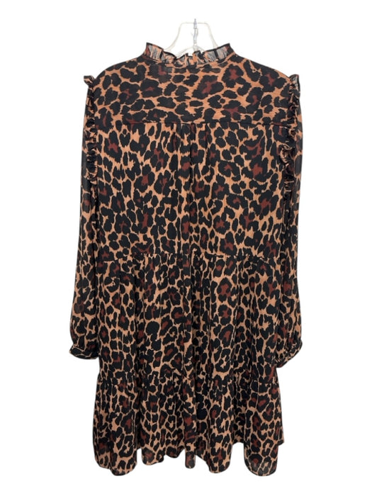 J Crew Size L Brown & Black Polyester Long Sleeve Leopard Print Tie Neck Dress Brown & Black / L