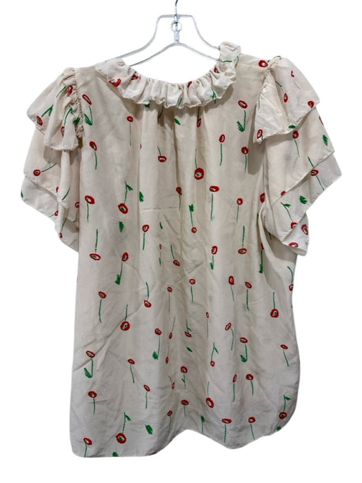 Hunter Bell Size L White, Green, Red Silk Short Sleeve Floral Ruffle collar Top White, Green, Red / L