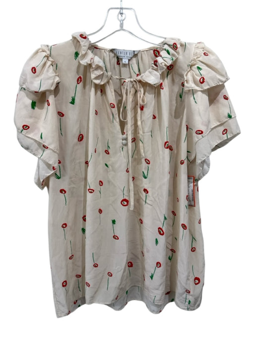 Hunter Bell Size L White, Green, Red Silk Short Sleeve Floral Ruffle collar Top White, Green, Red / L