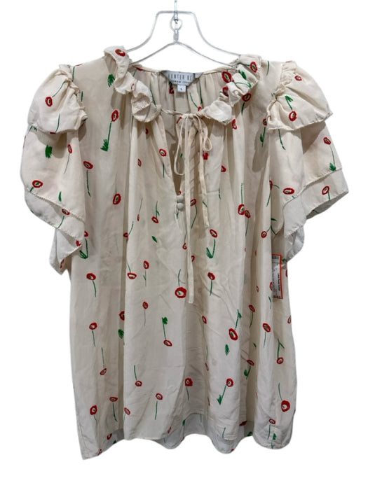 Hunter Bell Size L White, Green, Red Silk Short Sleeve Floral Ruffle collar Top White, Green, Red / L