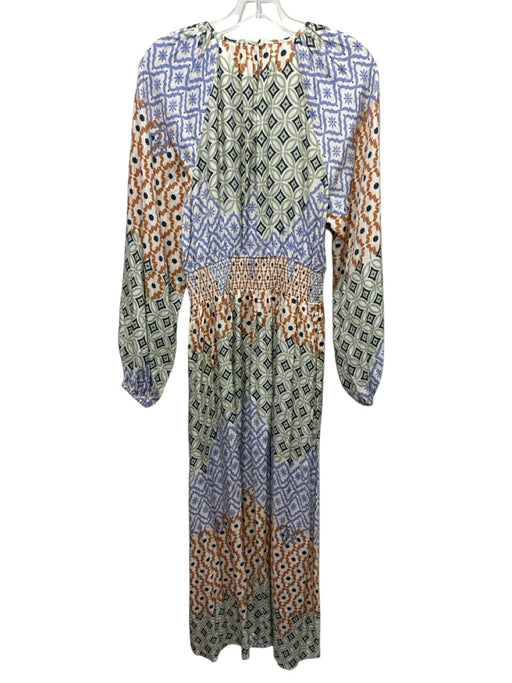 Boden Size 10 cream, blue, multi Viscose & Silk Geometric Print Smocked Dress cream, blue, multi / 10