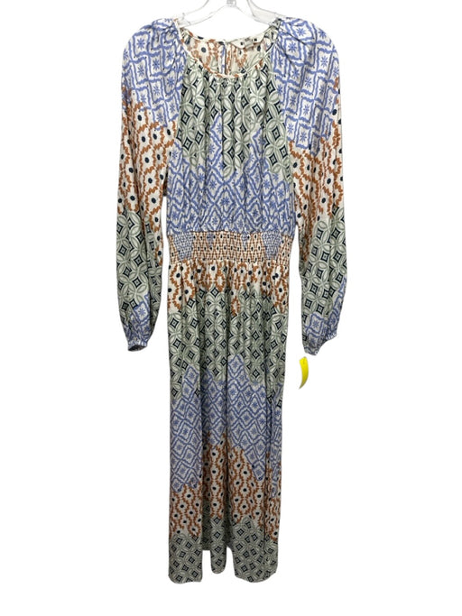 Boden Size 10 cream, blue, multi Viscose & Silk Geometric Print Smocked Dress cream, blue, multi / 10