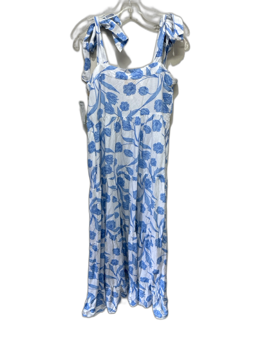 Emily McCarthy Size M White & Blue Linen Blend Botanical Tie Shoulder Dress White & Blue / M