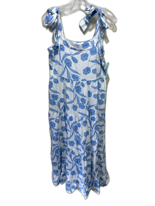 Emily McCarthy Size M White & Blue Linen Blend Botanical Tie Shoulder Dress White & Blue / M