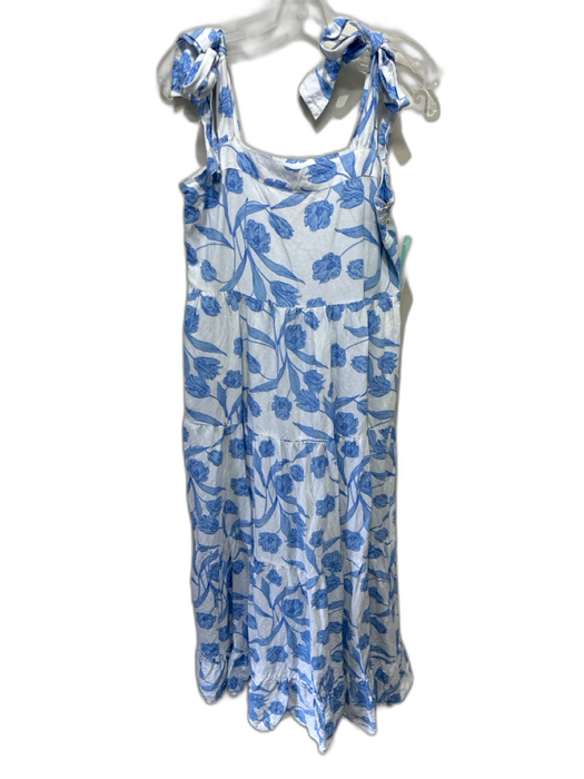Emily McCarthy Size M White & Blue Linen Blend Botanical Tie Shoulder Dress White & Blue / M