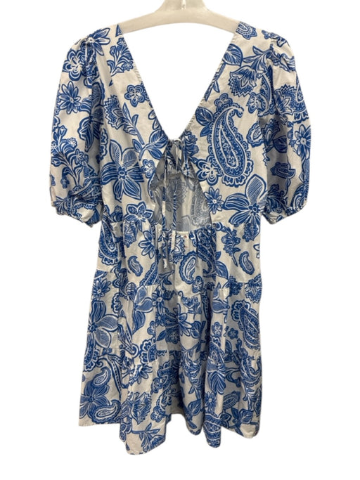 FRNCH Size S White & Blue Viscose & Linen Long Sleeve Embroidered Buttons Dress White & Blue / S
