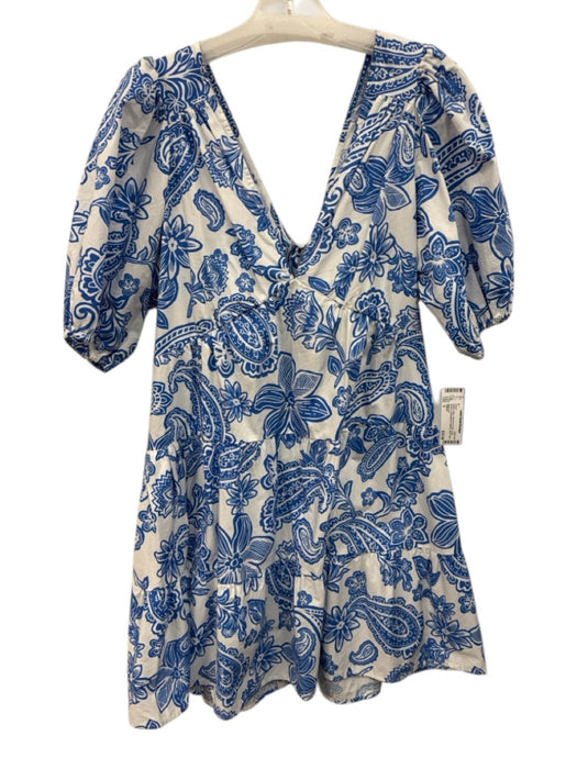 FRNCH Size S White & Blue Viscose & Linen Long Sleeve Embroidered Buttons Dress White & Blue / S