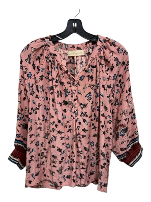 Natalie Martin Size XS Pink & Multi Puff 1/2 Sleeve Split V neckline Buttons Top Pink & Multi / XS