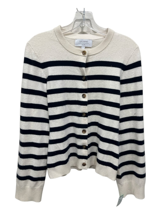 La Ligne Size S Cream & Blue Cashmere & Lycra Striped Button Up Cardigan Sweater Cream & Blue / S