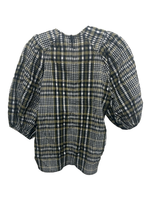 Ganni Size 34 Green, Black, White Cotton & Polyester Plaid Short Puff Sleeve Top Green, Black, White / 34