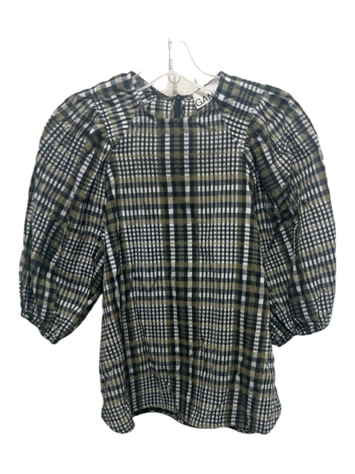 Ganni Size 34 Green, Black, White Cotton & Polyester Plaid Short Puff Sleeve Top Green, Black, White / 34