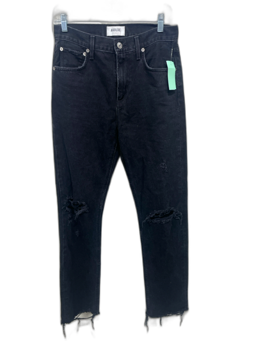 Agolde Size 26 Black Cotton Denim Zip & Button High Rise Ripped Straight Jeans Black / 26
