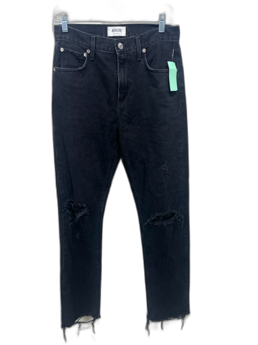 Agolde Size 26 Black Cotton Denim Zip & Button High Rise Ripped Straight Jeans Black / 26