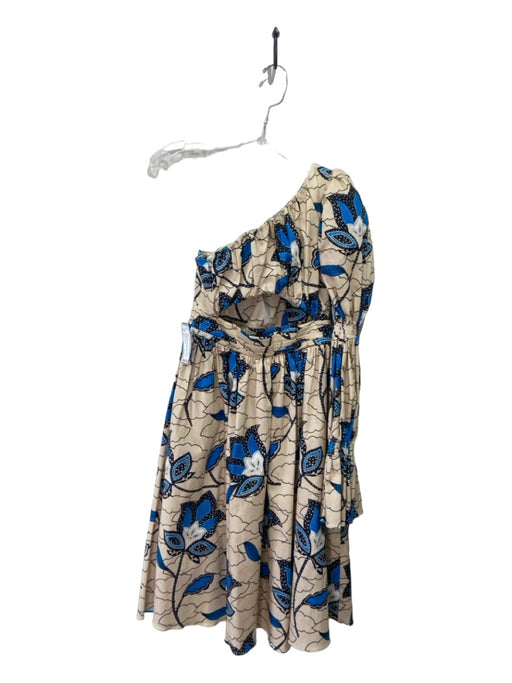 Autumn Adeigbo Size 0 Beige Black Blue Cotton Blend One Shoulder Floral Dress Beige Black Blue / 0