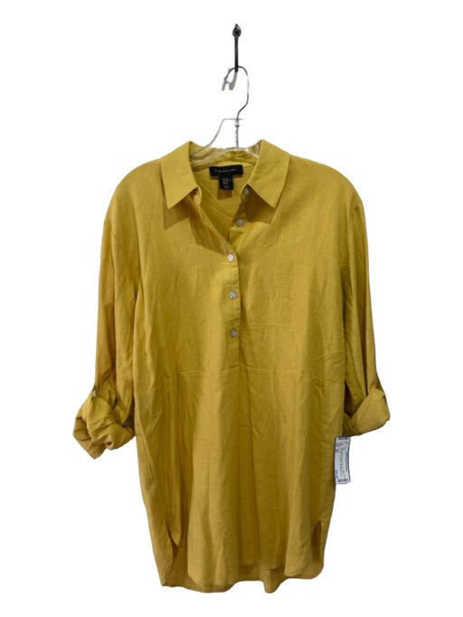 Tahari Size XS Yellow Linen & Viscose Cold Shoulder 1/4 Button Long Sleeve Top Yellow / XS